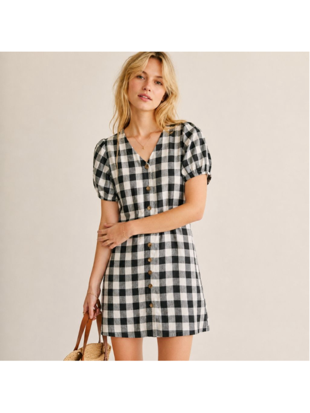 LOFT Black Gingham Linen Blend Mini Dress Sz 6 NWT